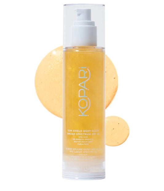 Kopari Sun Shield Body Glow, Broad Spectrum SPF 50 -  Lightweight Shimmering Gel Texture Absorbs Quickly, Non Sticky, Glowing Results