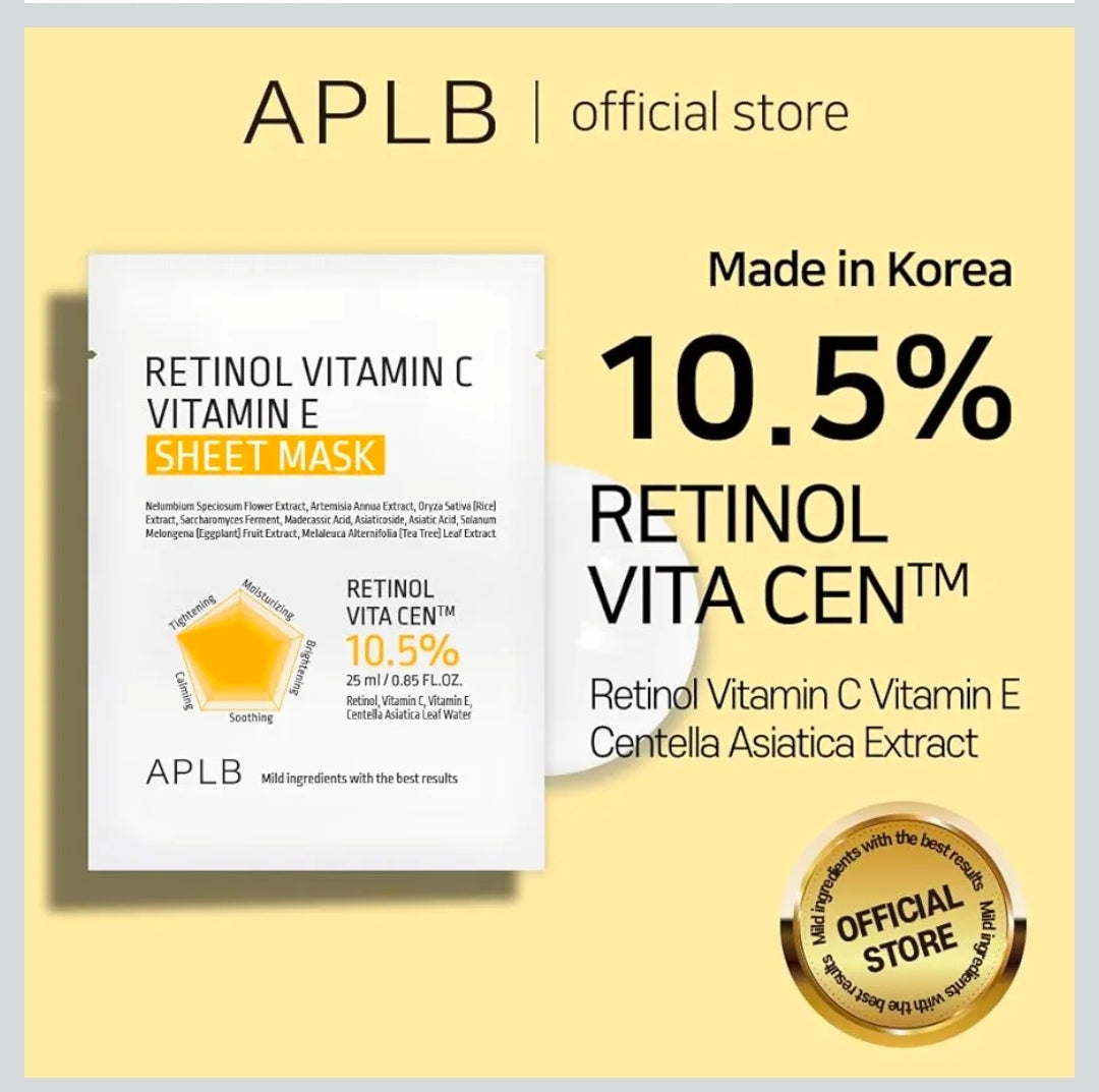 Mascarilla de lámina con retinol, vitamina C y vitamina E de APLB - RETINOL VITA CEN 10,5 % Hidratación duradera, cuidado antiarrugas, revitalizante para suavizar y mejorar la textura de la piel - 1 mascarilla