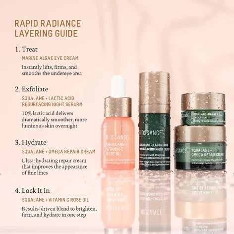 Biossance Rapid Radiance Set: un kit de inicio o de viaje de cuatro piezas diseñado para iluminar, hidratar y renovar la piel.