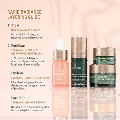 Biossance Rapid Radiance Set: un kit de inicio o de viaje de cuatro piezas diseñado para iluminar, hidratar y renovar la piel.