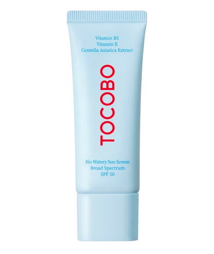 Tocobo Bio Watery Sunscreen FPS 50 - Loción solar facial coreana de amplio espectro con ácido hialurónico - Loción protectora solar facial ligera de uso diario - Vegana, hipoalergénica, sin oxibenzona