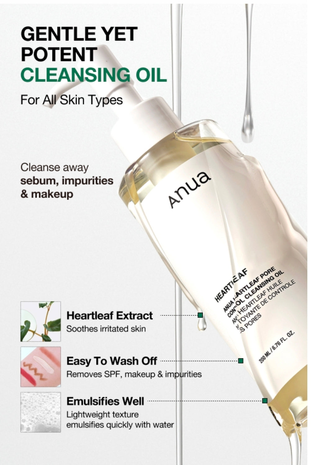 Aceite limpiador de poros Anua Heartleaf - Aceite limpiador facial, removedor de puntos negros y maquillaje