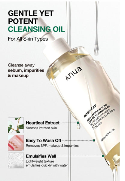 Aceite limpiador de poros Anua Heartleaf - Aceite limpiador facial, removedor de puntos negros y maquillaje