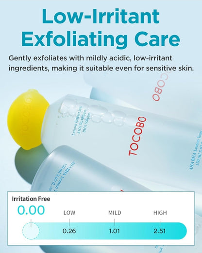 Tónico facial de limón TOCOBO AHA BHA: vitamina C y extracto de limón, AHA, BHA, calmante, hidratante, vegano.