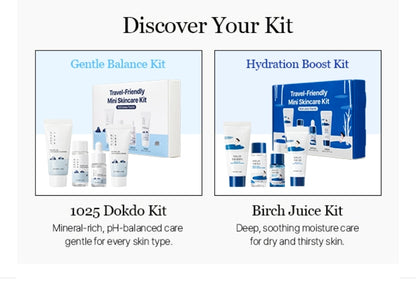 Kit hidratante mini ROUND LAB 1025 Dokdo (limpiador, tónico, ampolla y crema). Hidratación profunda para piel seca. Kit de prueba para el cuidado diario de la piel.