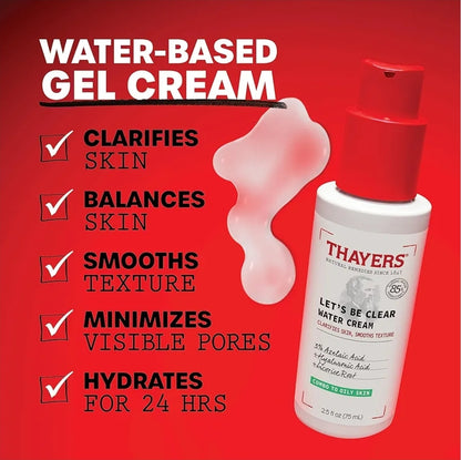 THAYERS Let's Be Clear Water Face Cream - Moisturizer with Azelaic Acid and Hyaluronic Acid, Skin Care for Oily to Combination Skin