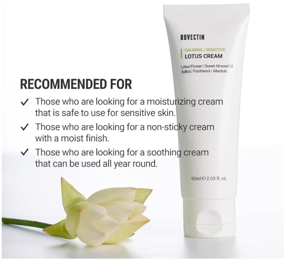 Crema Calmante de Loto ROVECTIN: Crema facial ligera, hidratante y calmante para piel sensible, con 75 % de extracto de agua de loto y niacinamida para combatir el envejecimiento.
