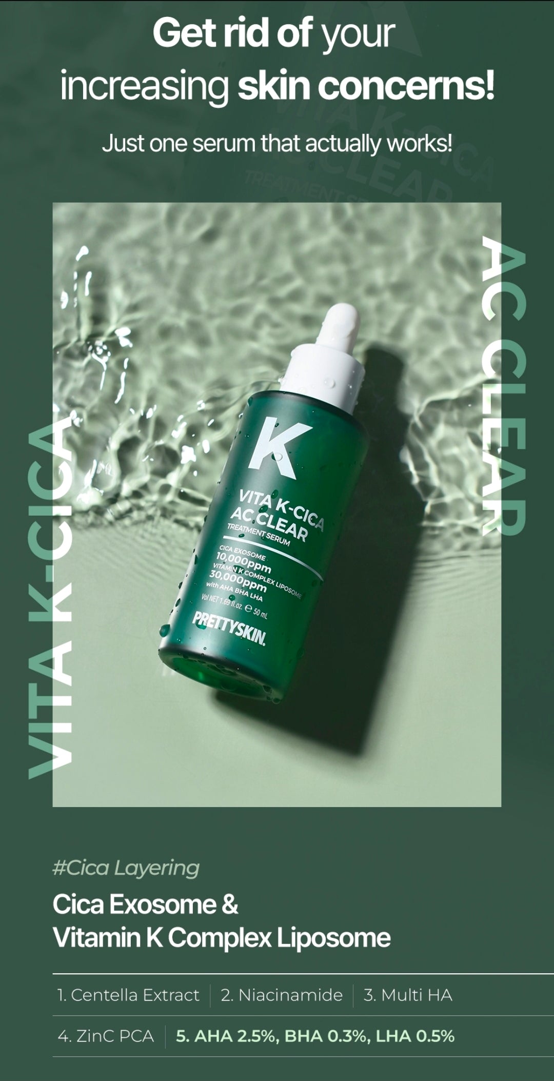PRETTYSKIN - Vita K-Cica AC Clear Treatment - Triple Exfoliating Serum with 65% Centella Asiatica Extract, Cica Exosome & Vitamin K – AHA/BHA/LHA for Smooth, Hydrated Skin