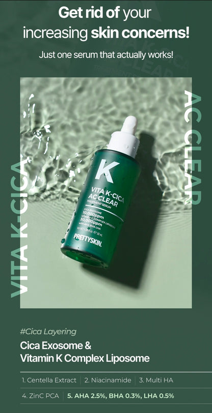 PRETTYSKIN - Vita K-Cica AC Clear Treatment - Triple Exfoliating Serum with 65% Centella Asiatica Extract, Cica Exosome & Vitamin K – AHA/BHA/LHA for Smooth, Hydrated Skin