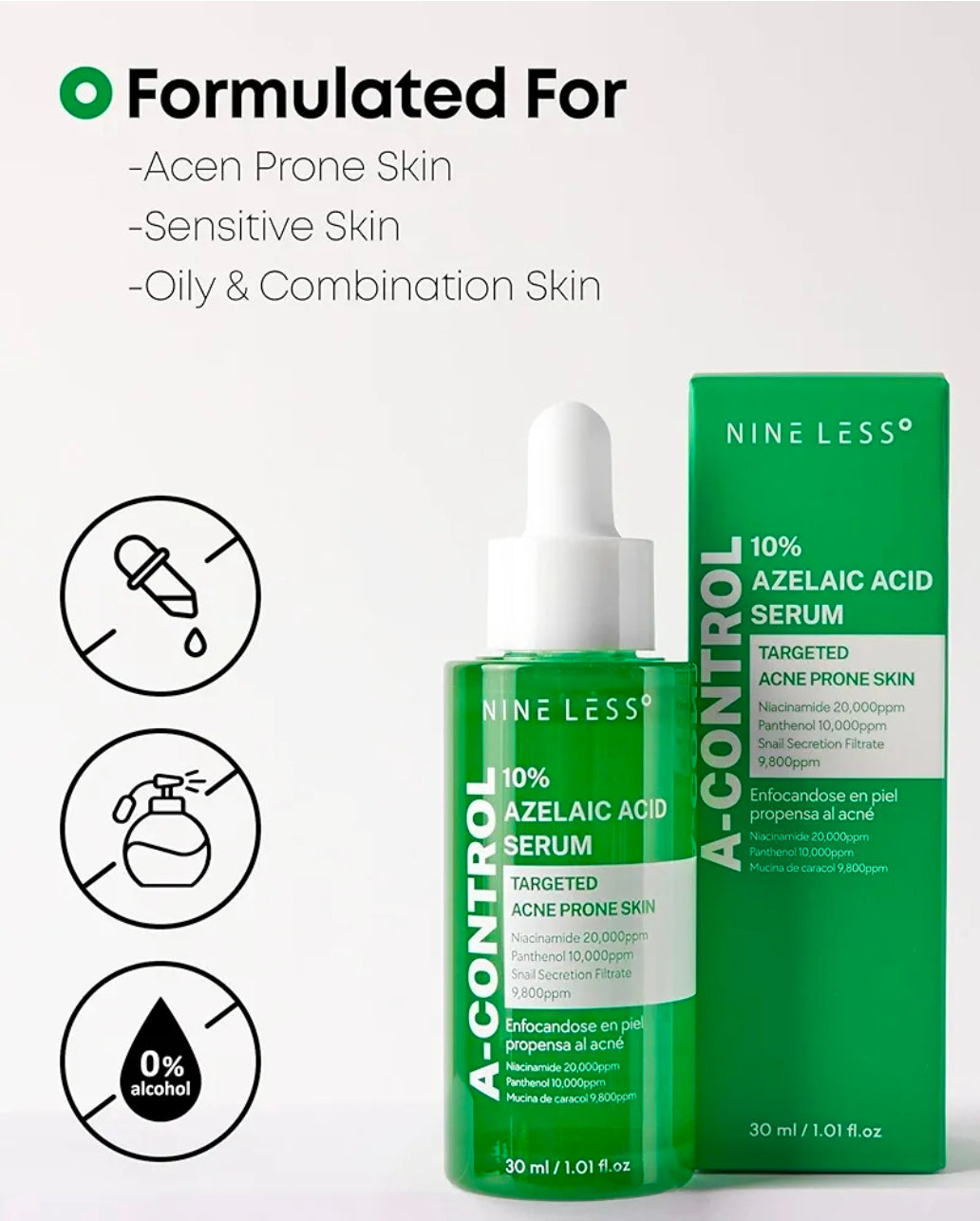Nineless 10% Azelaic Acid Serum - With Niacinamide & Snail Mucin - Redness Relief & Dark Spot Corrector for Face - Facial Serum for Acne-Prone, Oil Control & Pore Care