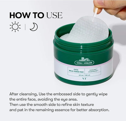 VT Cosmetics CICA Mild Toner Pad (60 Pads) - Exfoliating, Hydrating, Soothing, pH Balancing With BHA, Centella Asiatica Extract, Hyaluronic Acids for Daily Facial Use