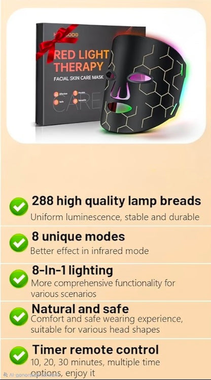 Led Light Therapy Face Mask - 7 Colors Portable Led Face Mask Light Therapy with Remote, Near-Infrared 850nm Wavelength with Timing Function for Anti-Aging Skincare at Home - 288 LED Beads
