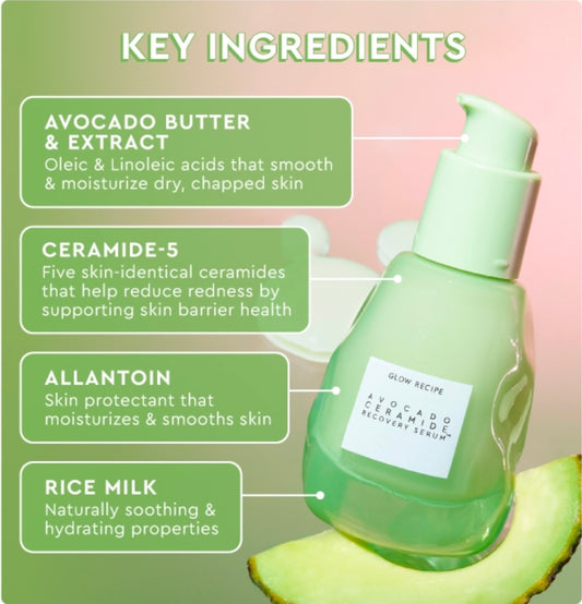 Suero de ceramida de aguacate Glow Recipe: suero facial calmante e hidratante para aliviar el enrojecimiento y reparar la barrera cutánea. Suero ligero y lechoso para piel seca y sensible.