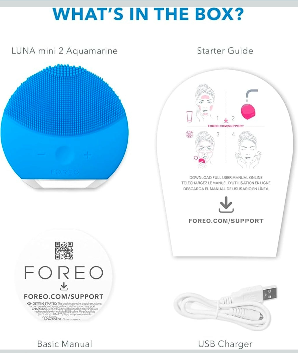 Cepillo limpiador facial Foreo Luna Mini 2 - Masajeador facial eléctrico - Todo tipo de piel - Cuidado ultra higiénico - Limpieza facial sencilla - Limpiador facial eléctrico de silicona - Control por app - Aguamarina