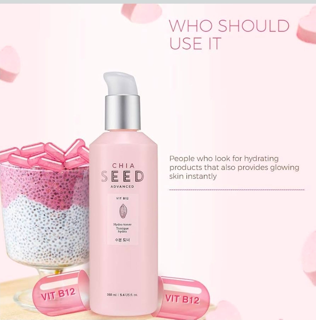 Tónico hidro de semillas de chía de The Face Shop: loción hidratante suave para piel seca, humectación y confort, formulada con semillas de chía y vitamina B12 para un cuidado intenso, renovado e hidratante.