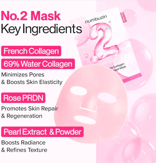 Mascarilla de tejido rellenadora de colágeno Numbuzin No.2 Rose PDRN: iluminadora, hidratante, reafirmante y humectante, con colágeno y péptidos, PDRN (1 mascarilla)