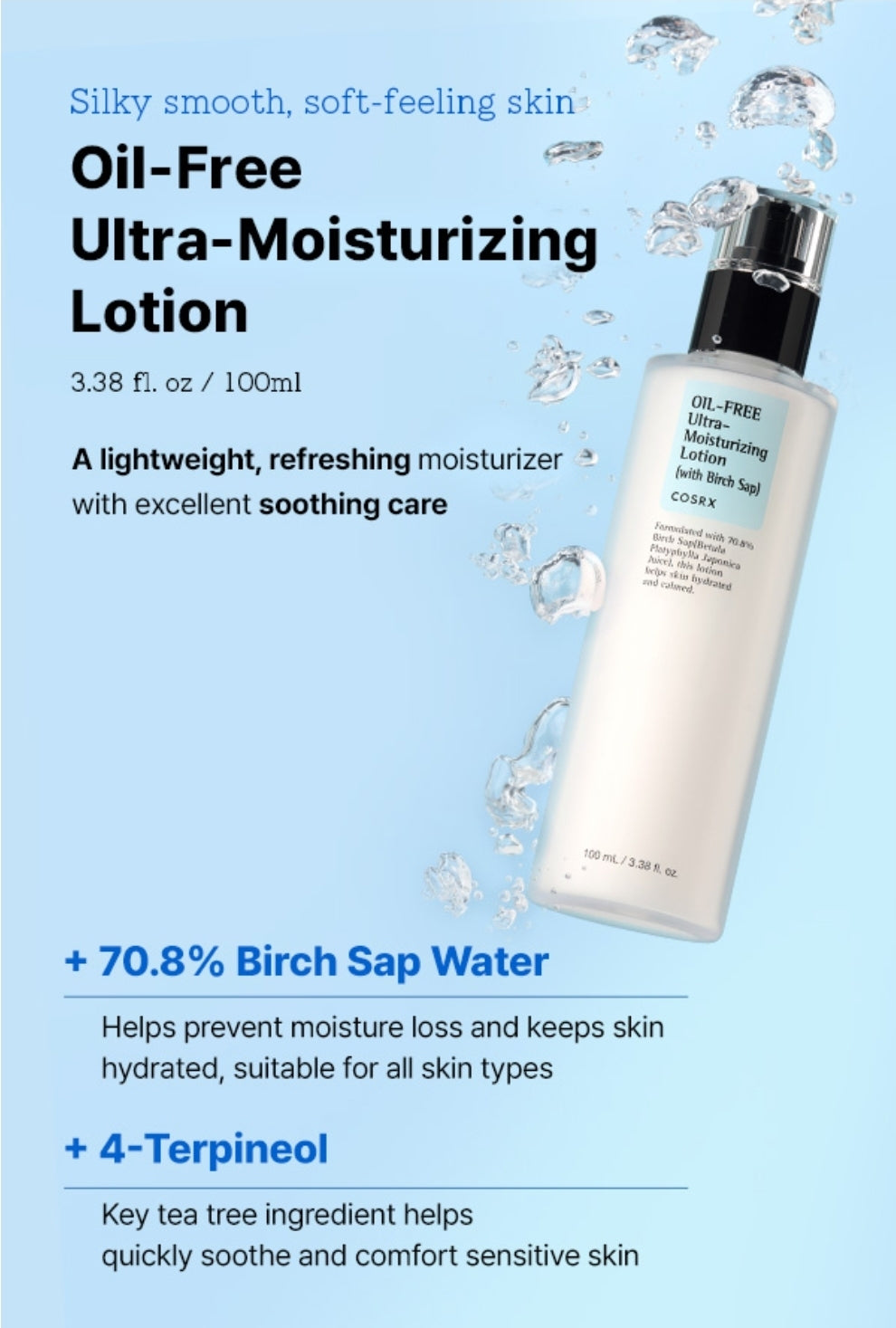 COSRX Oil Free Ultra- Moisturizing Lotion with Birch Sap - Daily Acne Facial Moisturizer, Hydrating Moisturizer for All Skin Types, Paraben free