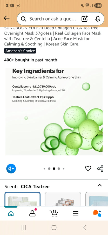 SUNGBOON EDITOR Deep Collagen CICA Tea tree Overnight Mask - Real Collagen Face Mask with Tea tree & Centella, Acne Face Mask for Calming & Soothing- 1 Mask