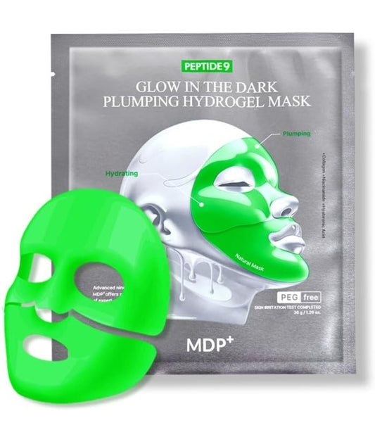 Mascarilla de hidrogel rellenadora MDP+ PEPTIDE 9 que brilla en la oscuridad: hidratante, con colágeno para elasticidad, minimiza los poros y rellena las arrugas (1 mascarilla)