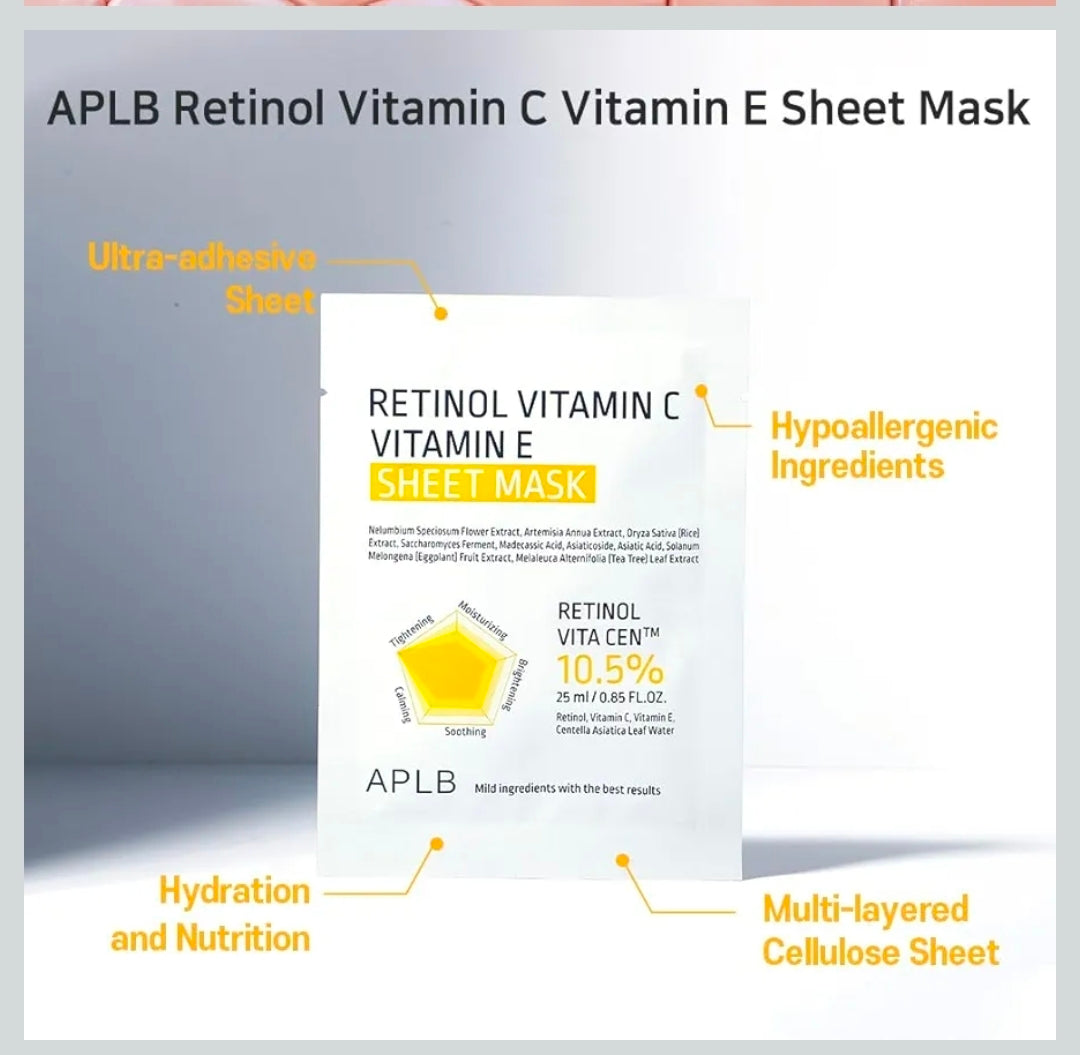 Mascarilla de lámina con retinol, vitamina C y vitamina E de APLB - RETINOL VITA CEN 10,5 % Hidratación duradera, cuidado antiarrugas, revitalizante para suavizar y mejorar la textura de la piel - 1 mascarilla