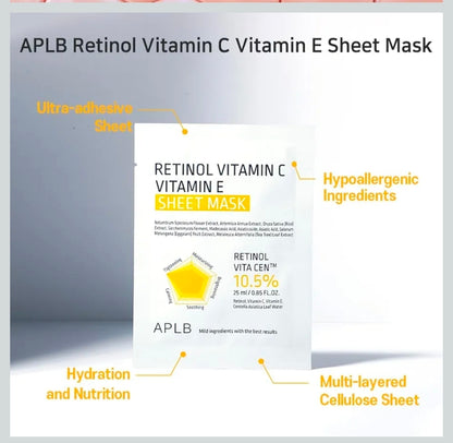 Mascarilla de lámina con retinol, vitamina C y vitamina E de APLB - RETINOL VITA CEN 10,5 % Hidratación duradera, cuidado antiarrugas, revitalizante para suavizar y mejorar la textura de la piel - 1 mascarilla