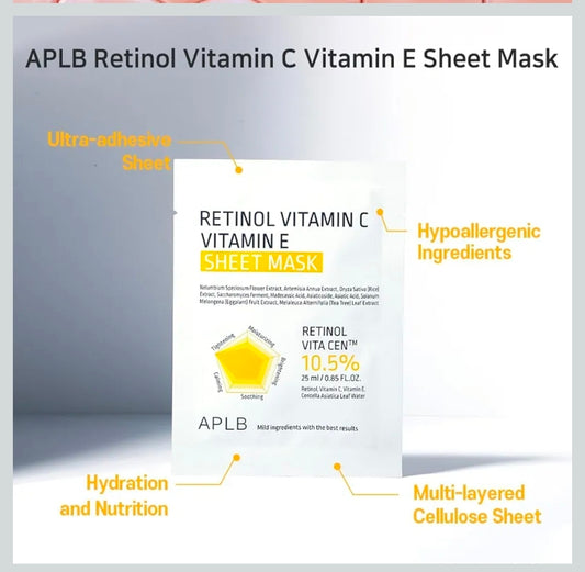 Mascarilla de lámina con retinol, vitamina C y vitamina E de APLB - RETINOL VITA CEN 10,5 % Hidratación duradera, cuidado antiarrugas, revitalizante para suavizar y mejorar la textura de la piel - 1 mascarilla