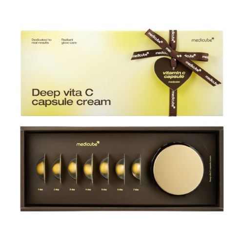 medicube Deep Vita C Capsule Cream Set - Cream + 7 Travel Size Capsules - Liposome Vitamin C Golden Capsule for Radiance & Firm-Looking Skin, Hydrating Glow Gel Texture