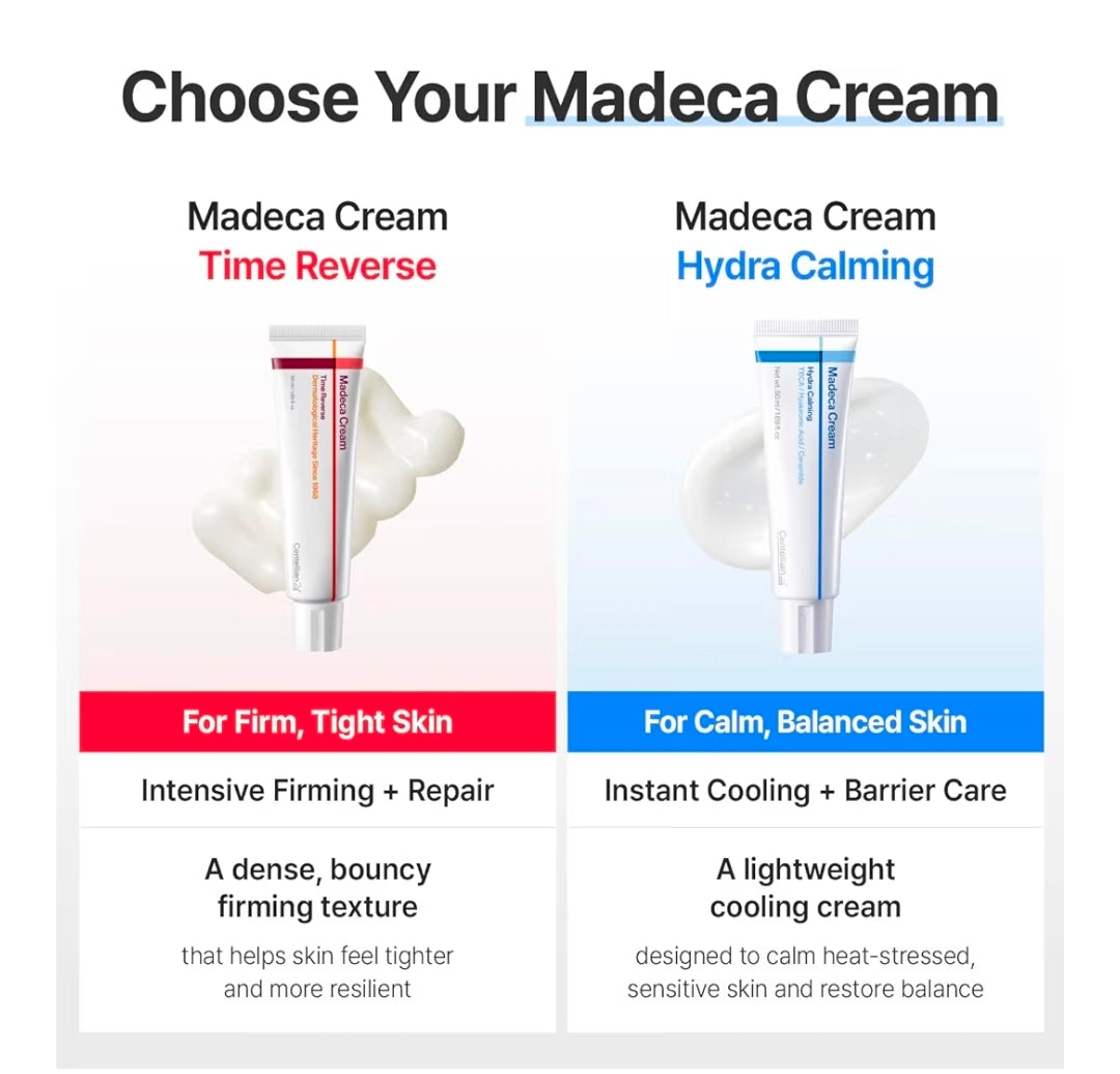 CENTELLIAN24 MADECA CREAM HYDRA CALMING – Cooling hydrating face cream designed to soothe irritation, control excess sebum, strengthen the skin barrier, and provide heat reactive calming moisture for sensitive and acne prone skin