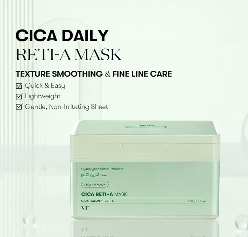 VT Cosmetics CICA Reti-A Daily Mask - 30 Sheets, Retinol Complex for Pore Minimizing, Skin Softening & Hydrating