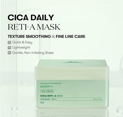 VT Cosmetics CICA Reti-A Daily Mask - 30 Sheets, Retinol Complex for Pore Minimizing, Skin Softening & Hydrating