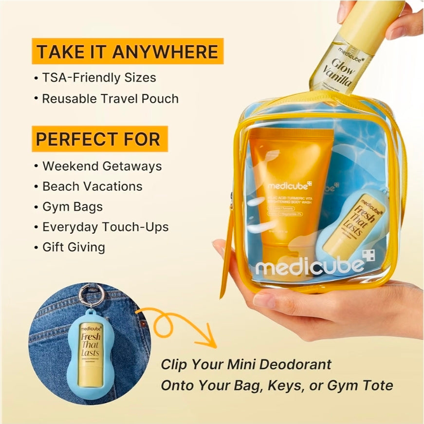 medicube Fresh Glow Body Kit - Mini body wash, deodorant and hair & body fragrance mist for fresh glow body. Kojic Acid for Brightening