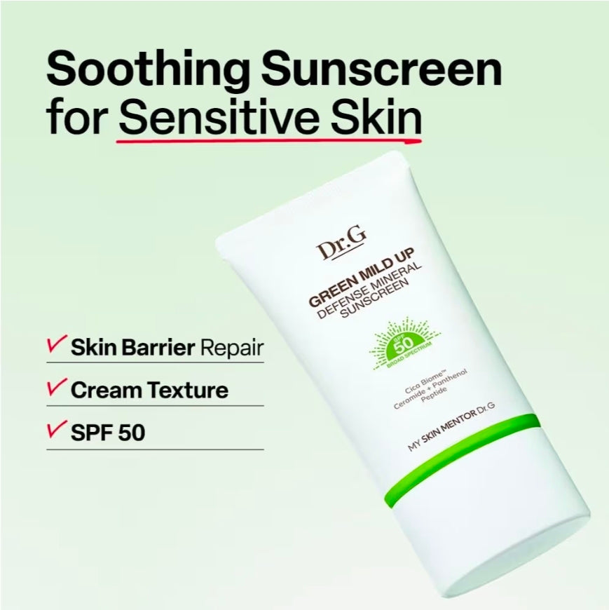Dr. G Green Mild Up Defense Mineral Sunscreen - SPF 50 Broad Spectrum Korean Sunscreen - Lightweight & Reef-Safe Mineral Formula - For Sensitive Skin - Non-Greasy - With Centella Asiatica