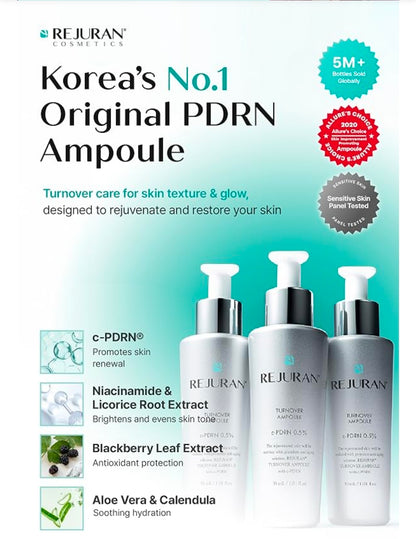 REJURAN Turnover Ampoule, c-PDRN – Original Salmon DNA PDRN Face Serum for Rejuvenation, Firming, Hydration & Youthful Glow, Refines Skin Texture. Korean Skincare (1.01oz)