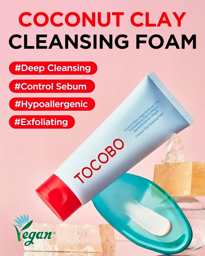 Espuma limpiadora de arcilla de coco Tocobo: elimina puntos negros, exfolia, desmaquilla e hidrata.