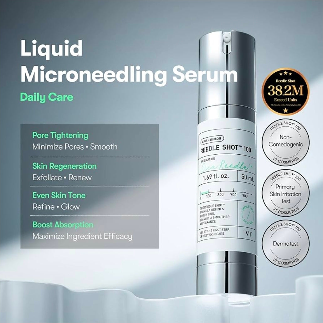 VT COSMETICS CICA Reedle Shot 100 - Spicule Microneedling Serum for Pore Care & Exfoliation, Exosome, Centella Asiatica for Glass Skin, Skin Texture, Korean Liquid Skin Booster (1oz)