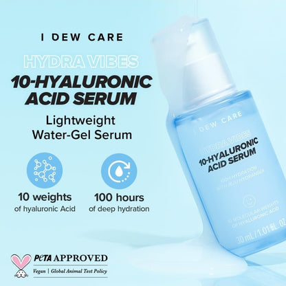 I DEW CARE Cuidado de la Piel - Hydra Vibes - Set de 3 piezas + 1 Diadema de Gato Gratis - Limpiador, suero y humectante con ácido hialurónico de diferente peso molecular
