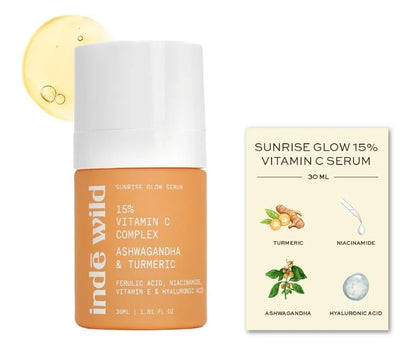 Inde Wild 15% Vitamin C Sunrise Glow Serum - Evens Skin Tone + Brightens Dull Skin, Fades Sun Spots + Sun Tan, Reduces Hyperpigmentation