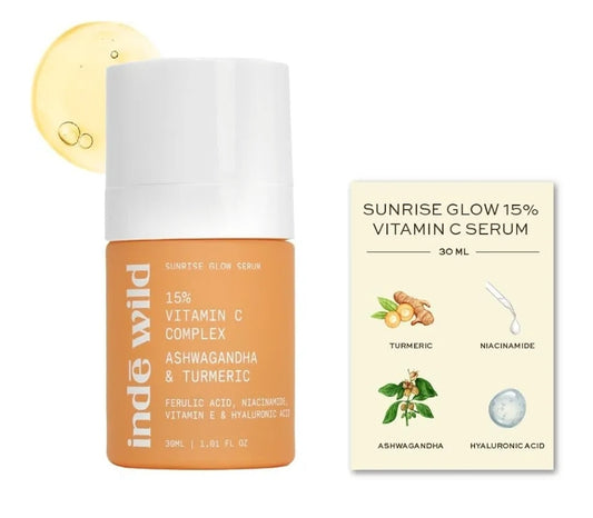 Inde Wild 15% Vitamin C Sunrise Glow Serum - Evens Skin Tone + Brightens Dull Skin, Fades Sun Spots + Sun Tan, Reduces Hyperpigmentation