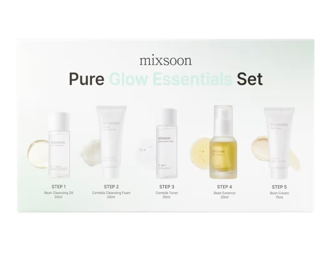 Mixsoon Pure Glow Essentials Set - Kit de cuidado de la piel de 5 pasos: set hidratante, aceite limpiador, espuma, tónico, esencia y crema.