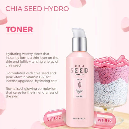 Tónico hidro de semillas de chía de The Face Shop: loción hidratante suave para piel seca, humectación y confort, formulada con semillas de chía y vitamina B12 para un cuidado intenso, renovado e hidratante.