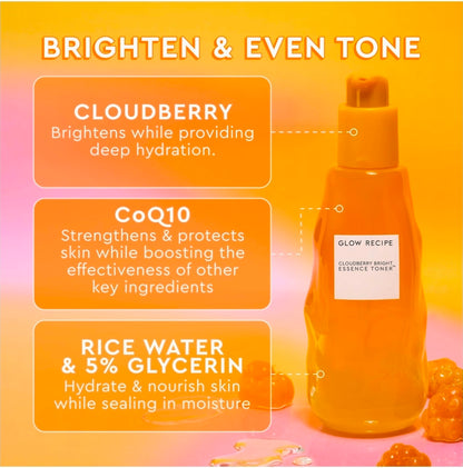 Glow Recipe Cloudberry Brightening Essence Toner - CoQ10Toner to Strengthen Skin Barrier + Hydrating Rice Water, Vitamin C, E & 5% Glycerin to Soften & Even Skin Tone
