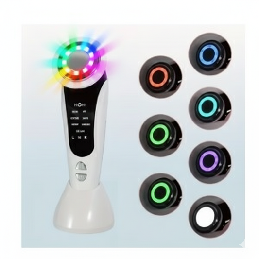 Dispositivo facial 7 en 1 con radiofrecuencia (RF) LED y electroestimulación muscular (EMS), herramienta multifuncional para limpieza profunda, antienvejecimiento y rejuvenecimiento de la piel, color blanco.