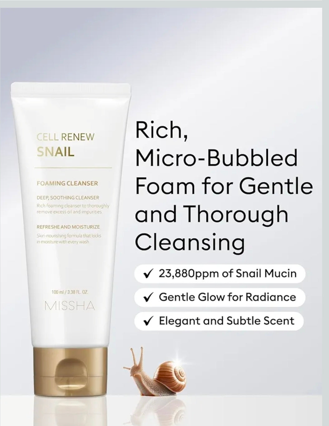 Limpiador espumoso de caracol MISSHA Cell Renew: limpiador facial con filtrado de secreción de caracol, limpieza profunda, hidratación intensa, elasticidad de la piel, textura cremosa, retención de humedad.