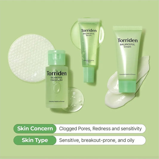 Torriden BalanceFul Cica Trial Kit - Centella Asiatica Extract - Cica Infused Daily Skincare Kit - 4 Step Regimen with Cleansing Gel, Toner Pad, Serum, and Cream - 4 Piece Set