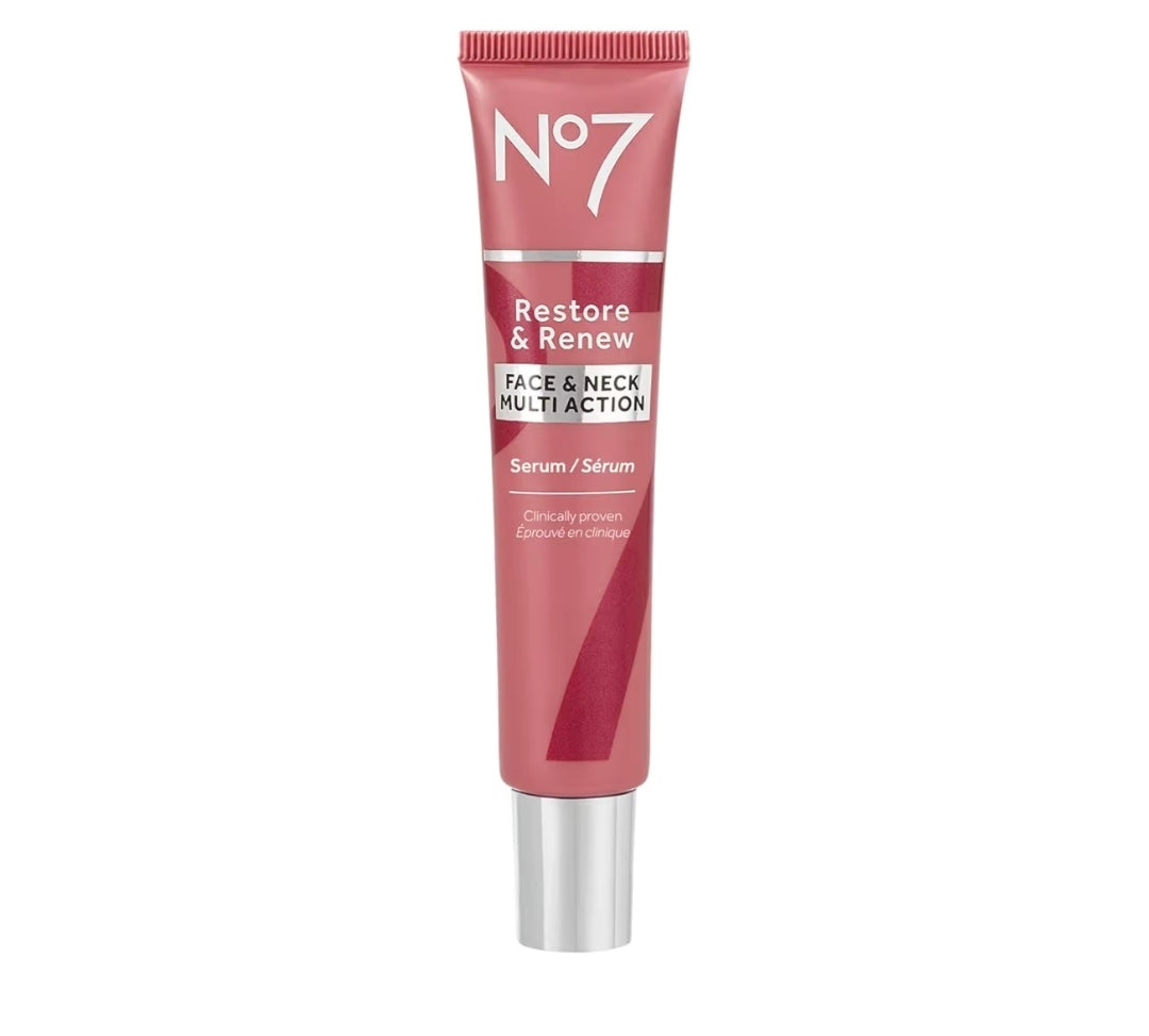 No7 Restore & Renew Multi-Action Face & Neck Serum - Anti Aging Serum for Deep Wrinkle Repair - Collagen Infused Skincare with a Hydrating Blend of Hibiscus Peptides & Hyaluronic Acid (1oz)
