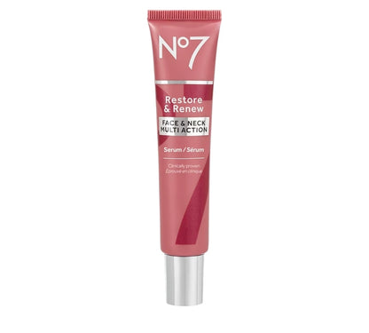 No7 Restore & Renew Multi-Action Face & Neck Serum - Anti Aging Serum for Deep Wrinkle Repair - Collagen Infused Skincare with a Hydrating Blend of Hibiscus Peptides & Hyaluronic Acid (1oz)