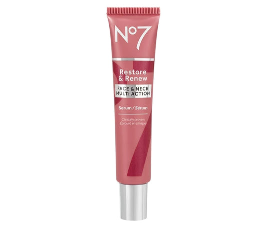No7 Restore & Renew Multi-Action Face & Neck Serum - Anti Aging Serum for Deep Wrinkle Repair - Collagen Infused Skincare with a Hydrating Blend of Hibiscus Peptides & Hyaluronic Acid (1oz)