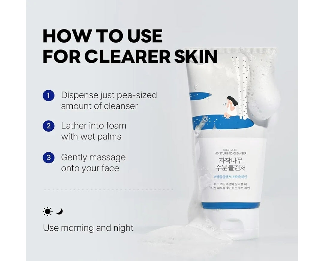 ROUND LAB Birch Juice Moisturizing Cleanser - Unclogs hidden sebum, Clears away dead skin cells., Soothing, Low pH, Gel Type Cleanser