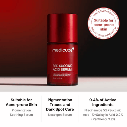 medicube Red Succinic Acid Serum - Exfoliating serum developed for acne-prone and unbalanced skin, with 5% niacinamide and 1% succinic acid, it helps reduce blemishes, uneven skin texture