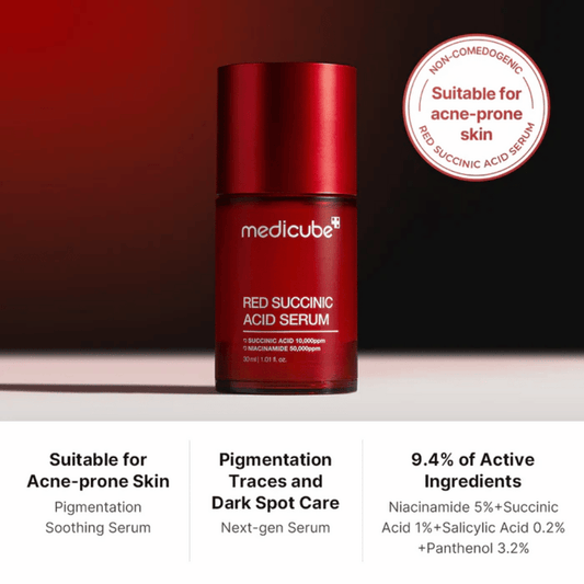 medicube Red Succinic Acid Serum - exfoliating serum developed for acne-prone and unbalanced skin, with 5% niacinamide and 1% succinic acid, it helps reduce blemishes, uneven skin texture